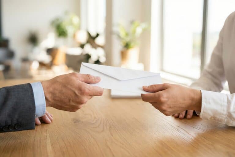 A close-up shot of two people exchanging a white envelope over a wooden desk in a bright, modern office. The scene represents a handover or job offer. Generative AI.